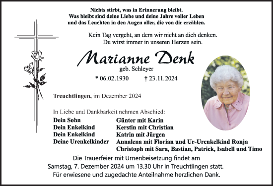 Traueranzeige von Marianne Denk von Weißenburger Tagblatt u.Treuchtlinger Kurier Lokal