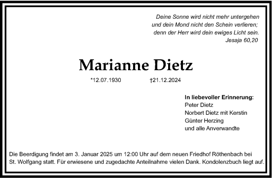 Traueranzeige von Marianne Dietz von Gesamtausgabe Nürnberger Nachrichten/ Nürnberger Ztg./ Schwabach