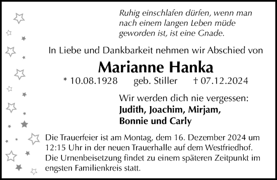 Traueranzeige von Marianne Hanka von Gesamtausgabe Nürnberger Nachrichten/ Nürnberger Ztg.