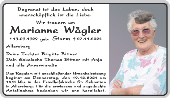 Traueranzeige von Marianne Wägler von Roth-Hilpoltsteiner Volkszeitung Lokal