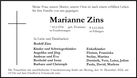 Traueranzeige von Marianne Zins von Erlanger Nachrichten Lokal