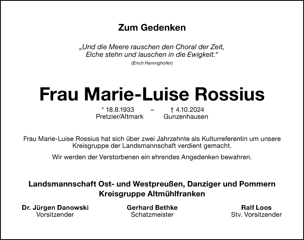  Traueranzeige für Marie-Luise Rossius vom 21.12.2024 aus Altmühl-Bote Lokal