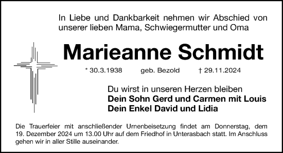 Traueranzeige von Marieanne Schmidt von Fürther Nachrichten Lokal