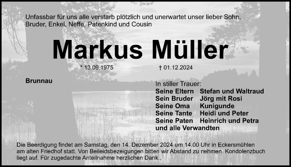  Traueranzeige für Markus Müller vom 12.12.2024 aus Roth-Hilpoltsteiner Volkszeitung Lokal