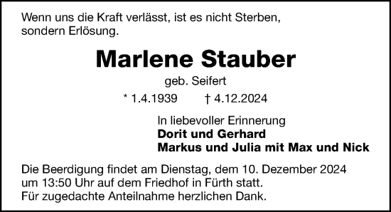 Traueranzeige von Marlene Stauber von Fürther Nachrichten Lokal