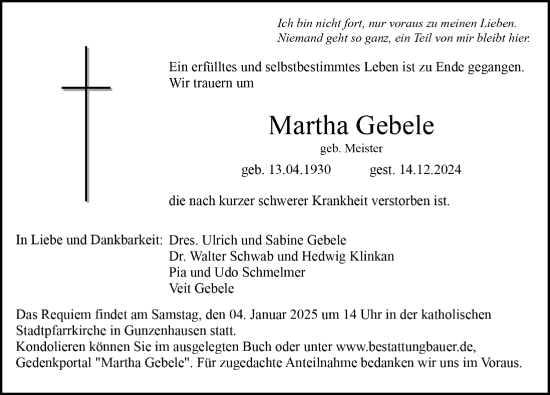 Traueranzeige von Martha Gebele von Altmühl-Bote Lokal