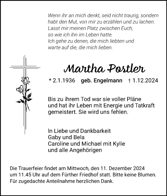 Traueranzeige von Martha Postler von Fürther Nachrichten Lokal