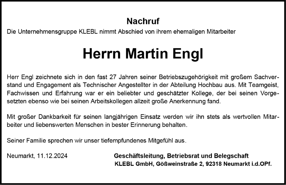  Traueranzeige für Martin Engl vom 11.12.2024 aus Neumarkter Nachrichten Lokal