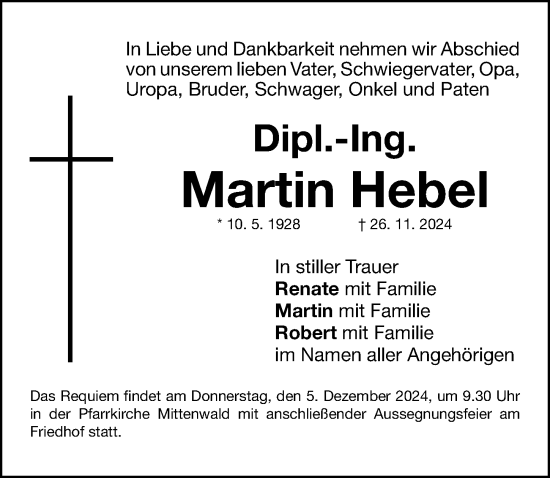 Traueranzeige von Martin Hebel von Gesamtausgabe Nürnberger Nachrichten/ Nürnberger Ztg.