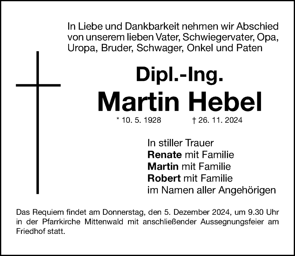  Traueranzeige für Martin Hebel vom 02.12.2024 aus Gesamtausgabe Nürnberger Nachrichten/ Nürnberger Ztg.