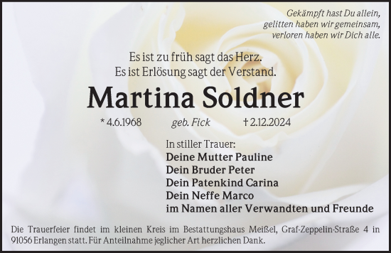 Traueranzeige von Martina Soldner von Erlanger Nachrichten Lokal