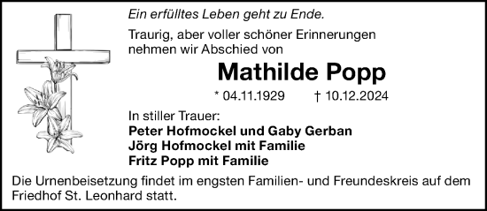 Traueranzeige von Mathilde Popp von Gesamtausgabe Nürnberger Nachrichten/ Nürnberger Ztg.