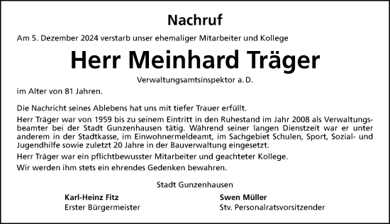 Traueranzeige von Meinhard Träger von Altmühl-Bote Lokal