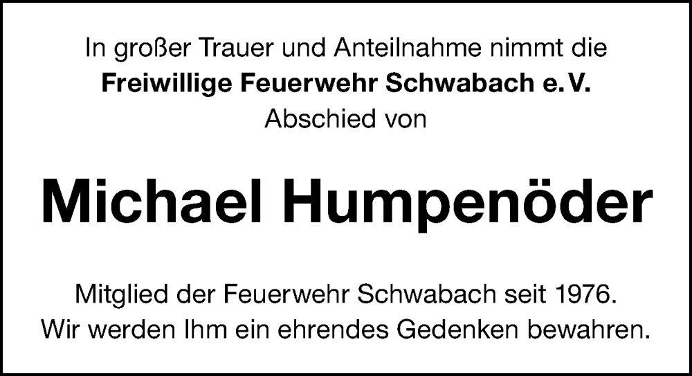  Traueranzeige für Michael Humpenöder vom 19.12.2024 aus Schwabacher Tagblatt Lokal