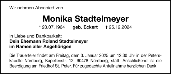 Traueranzeige von Monika Stadtelmeyer von Gesamtausgabe Nürnberger Nachrichten/ Nürnberger Ztg.