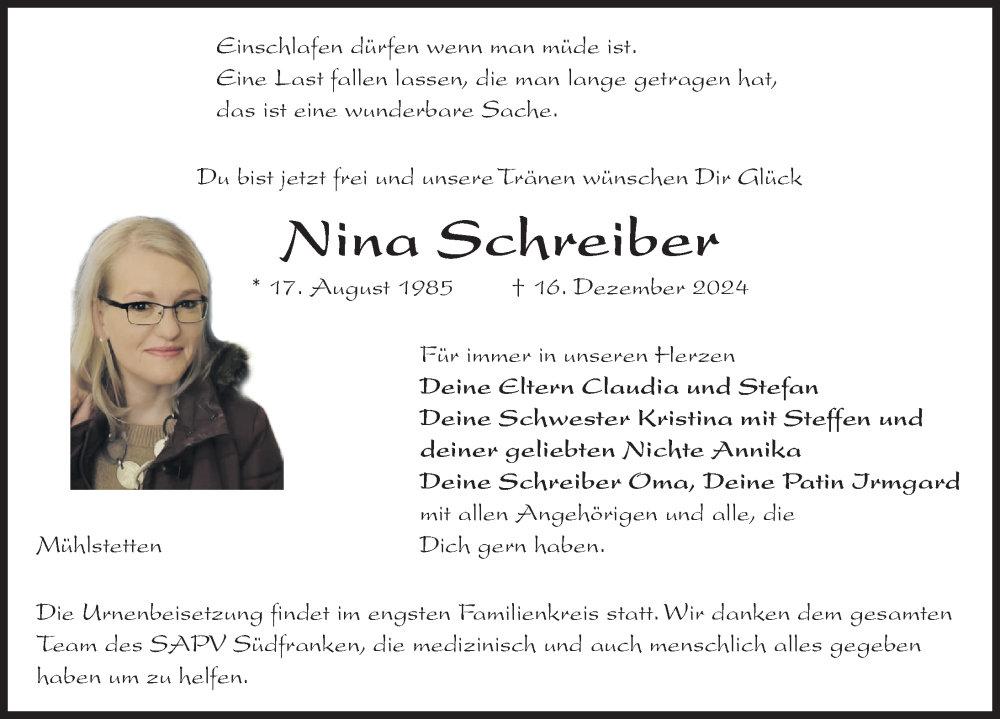  Traueranzeige für Nina Schreiber vom 21.12.2024 aus Roth-Hilpoltsteiner Volkszeitung Lokal