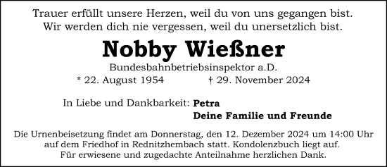 Traueranzeige von Nobby Wießner von Schwabacher Tagblatt Lokal