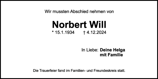 Traueranzeige von Norbert Will von Schwabacher Tagblatt Lokal