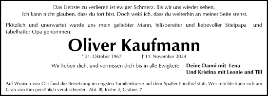 Traueranzeige von Oliver Kaufmann von Schwabacher Tagblatt Lokal