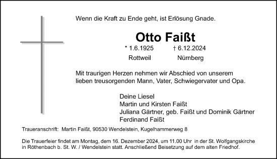 Traueranzeige von Otto Faißt von Gesamtausgabe Nürnberger Nachrichten/ Nürnberger Ztg./ Schwabach