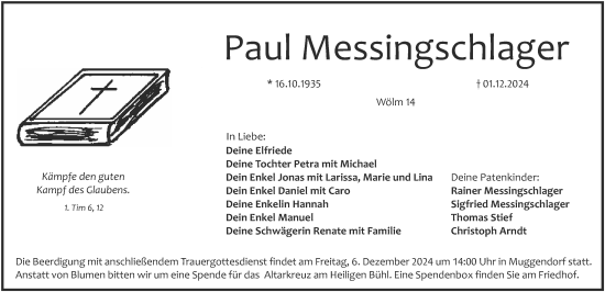 Traueranzeige von Paul Messingschlager von Nordbayerische Nachrichten Forchheim Lokal