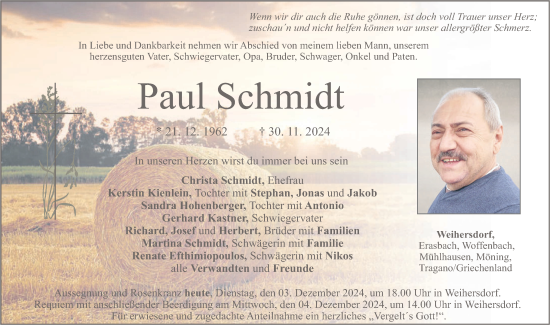 Traueranzeige von Paul Schmidt von Neumarkter Nachrichten Lokal