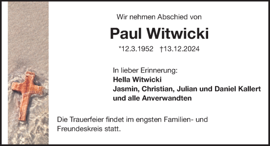 Traueranzeige von Paul Witwicki von Gesamtausgabe Nürnberger Nachrichten/ Nürnberger Ztg.
