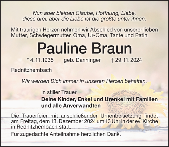 Traueranzeige von Pauline Braun von Schwabacher Tagblatt Lokal