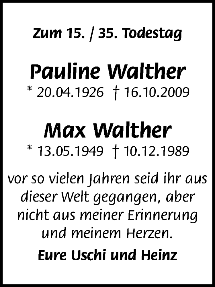  Traueranzeige für Pauline Walther vom 14.12.2024 aus Fürther Nachrichten Lokal