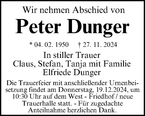 Traueranzeige von Peter Dunger von Gesamtausgabe Nürnberger Nachrichten/ Nürnberger Ztg.