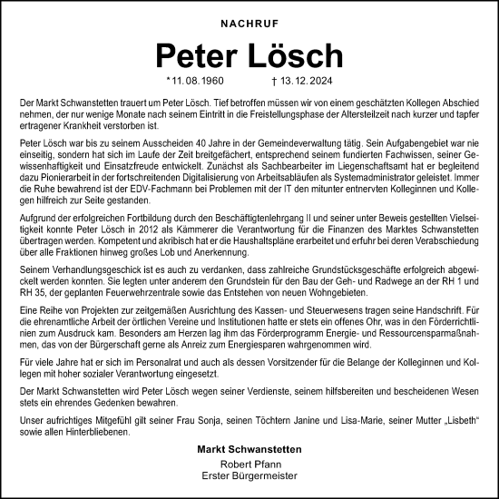 Traueranzeige von Peter Lösch von Schwabacher Tagblatt Lokal