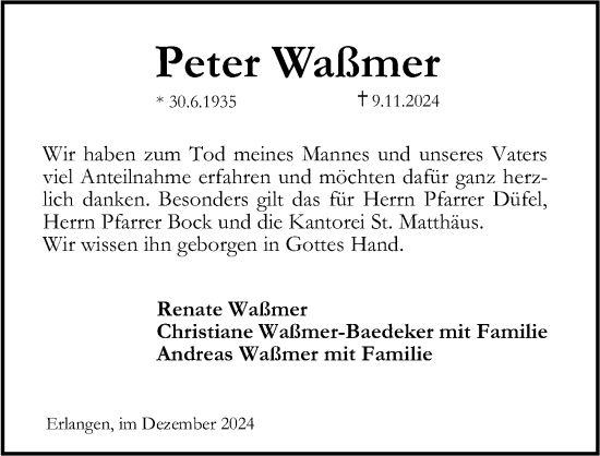 Traueranzeige von Peter Waßmer von Erlanger Nachrichten Lokal