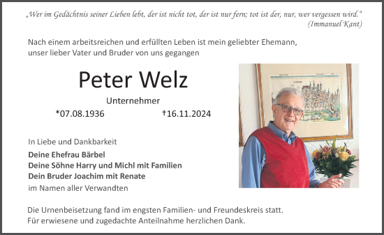 Traueranzeige von Peter Welz von Erlanger Nachrichten Lokal