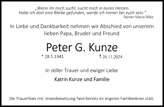 Traueranzeige von Peter G. Kunze von Erlanger Nachrichten Lokal