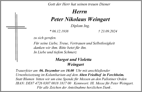 Traueranzeige von Peter Nikolaus Weingart von Nordbayerische Nachrichten Forchheim Lokal