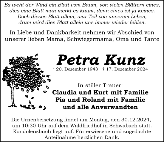 Traueranzeige von Petra Kunz von Schwabacher Tagblatt Lokal