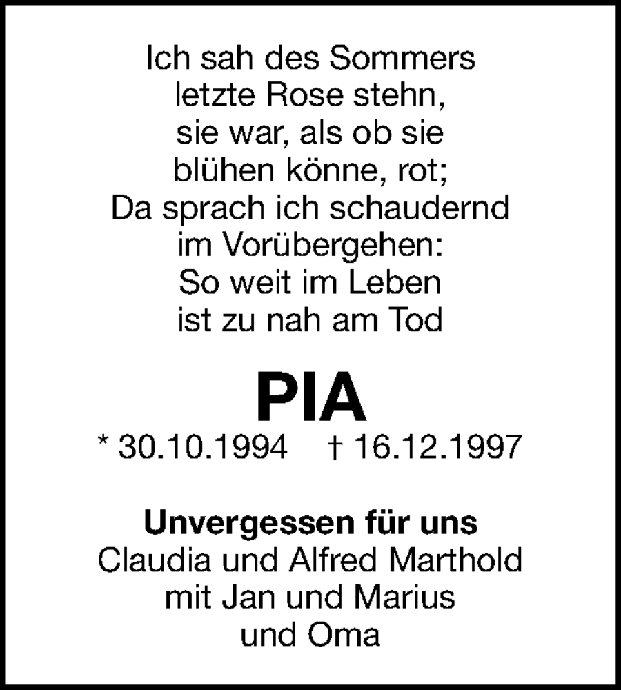  Traueranzeige für Pia  vom 16.12.2024 aus Gesamtausgabe Nürnberger Nachrichten/ Nürnberger Ztg.