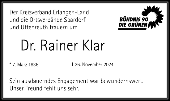 Traueranzeige von Rainer Klar von Erlanger Nachrichten Lokal