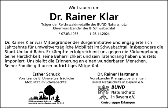 Traueranzeige von Rainer Klar von Erlanger Nachrichten Lokal