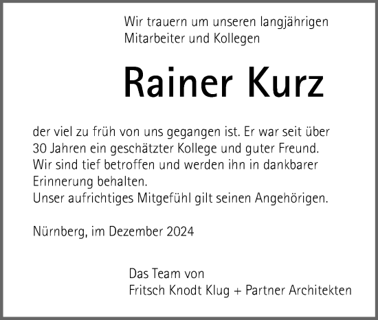 Traueranzeige von Rainer Kurz von Gesamtausgabe Nürnberger Nachrichten/ Nürnberger Ztg.