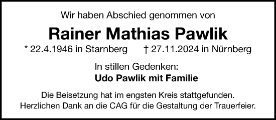 Traueranzeige von Rainer Mathias Pawlik von Gesamtausgabe Nürnberger Nachrichten/ Nürnberger Ztg.