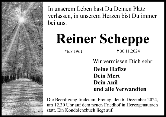 Traueranzeige von Reiner Scheppe von Nordbayerische Nachrichten Herzogenaurach Lokal