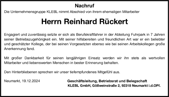 Traueranzeige von Reinhard Rückert von Neumarkter Nachrichten Lokal