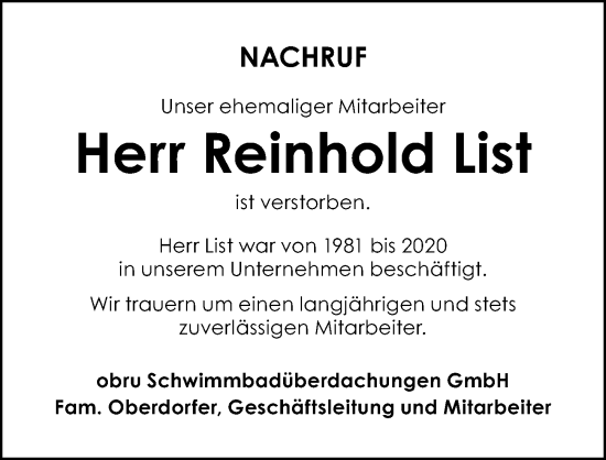 Traueranzeige von Reinhold List von Roth-Hilpoltsteiner Volkszeitung/ Schwabach