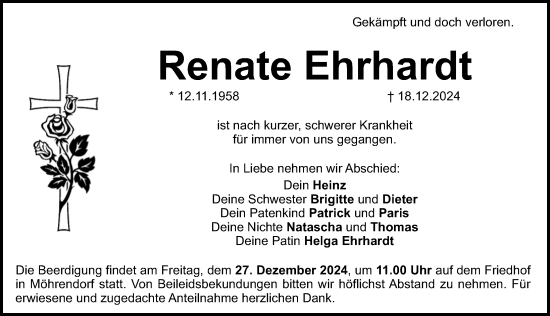 Traueranzeige von Renate Ehrhardt von Erlanger Nachrichten Lokal