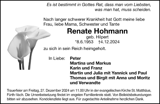 Traueranzeige von Renate Hohmann von Fürther Nachrichten Lokal