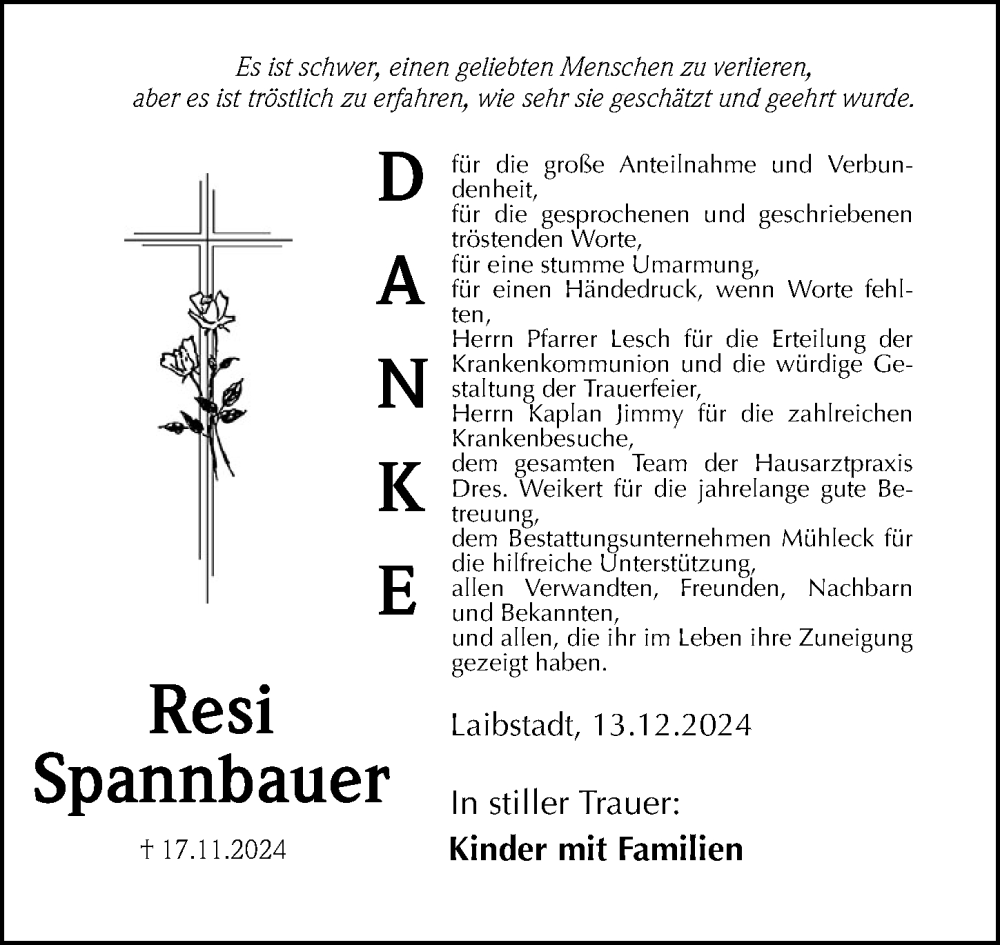  Traueranzeige für Resi Spannbauer vom 13.12.2024 aus Roth-Hilpoltsteiner Volkszeitung Lokal