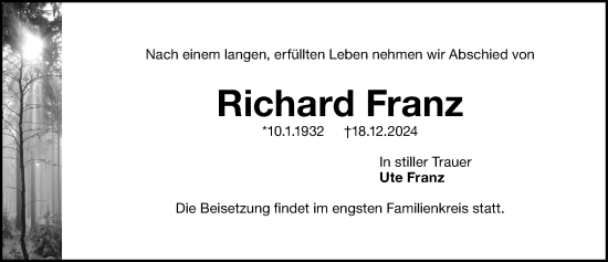 Traueranzeige von Richard Franz von Gesamtausgabe Nürnberger Nachrichten/ Nürnberger Ztg.