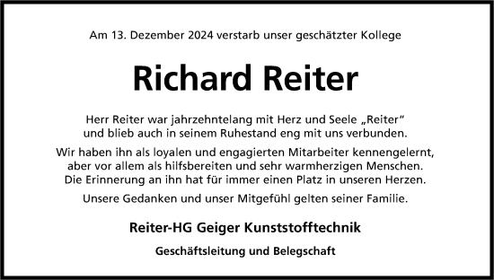 Traueranzeige von Richard Reiter von Roth-Hilpoltsteiner Volkszeitung Lokal