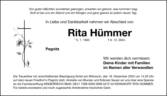 Traueranzeige von Rita Hümmer von Nordbayerische Nachrichten Pegnitz Lokal